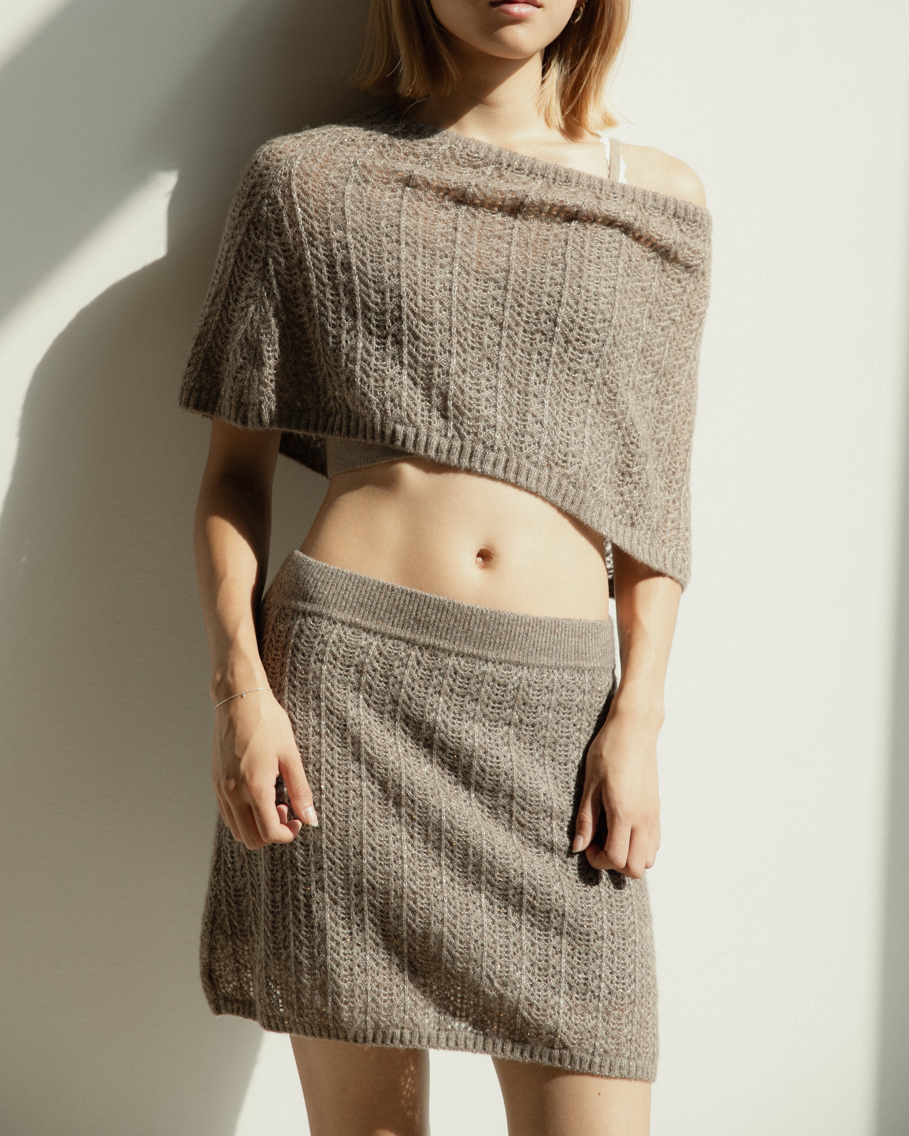Cashmere Lace Knit Skirt in Mocha, Mysto Cashmere