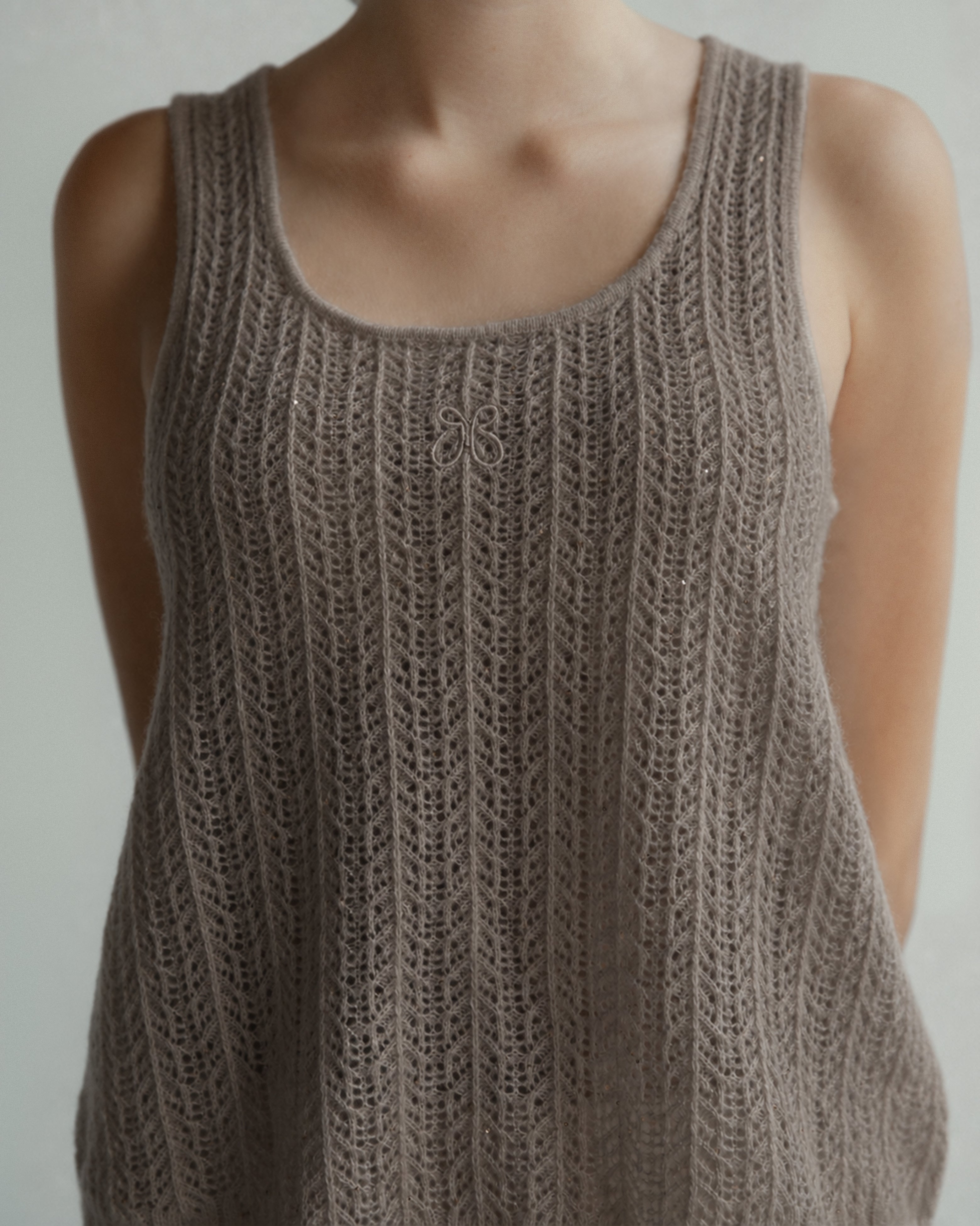 Cashmere Lace Knit Tank in Mocha, Mysto Cashmere