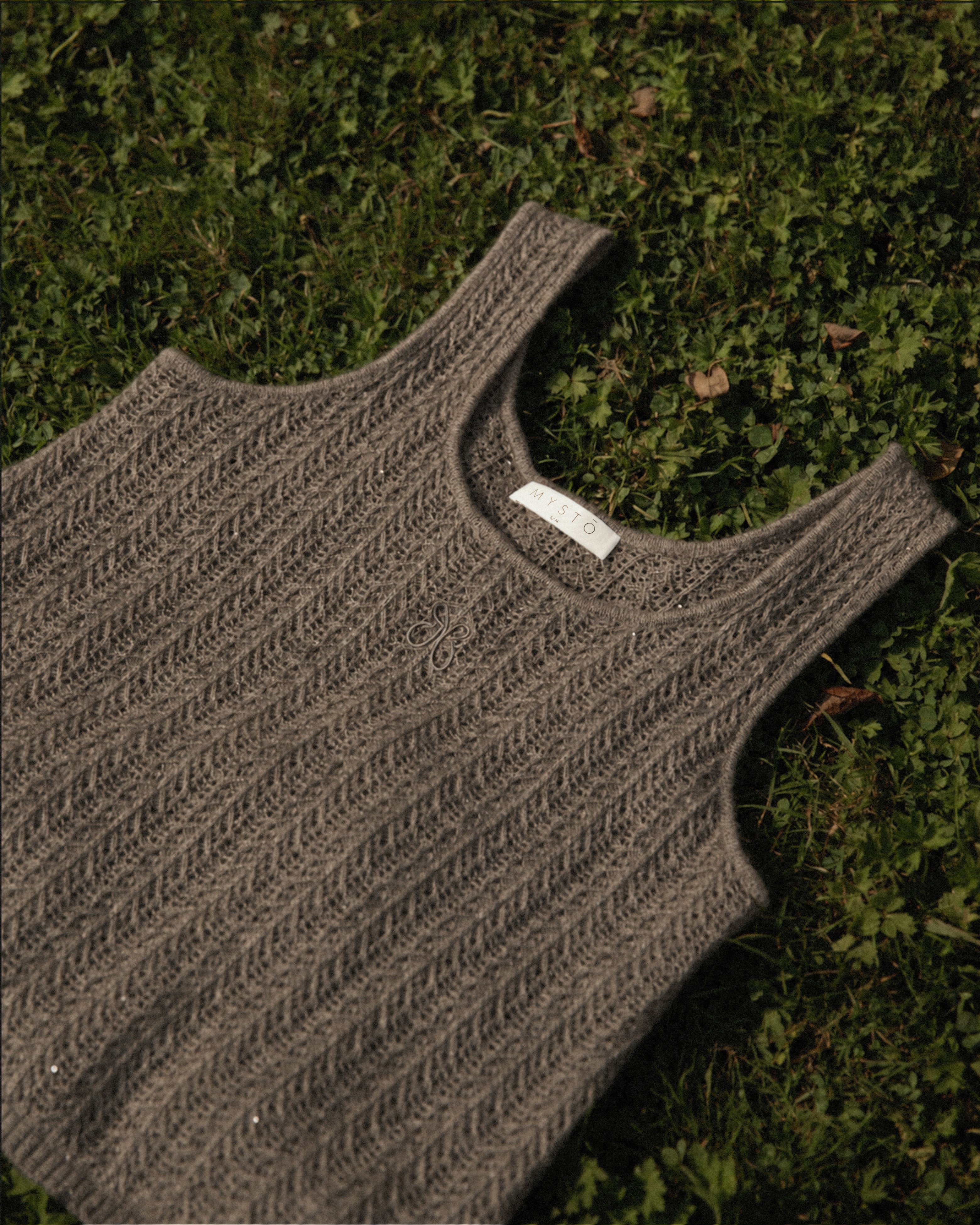 Cashmere Lace Knit Tank in Mocha, Mysto Cashmere