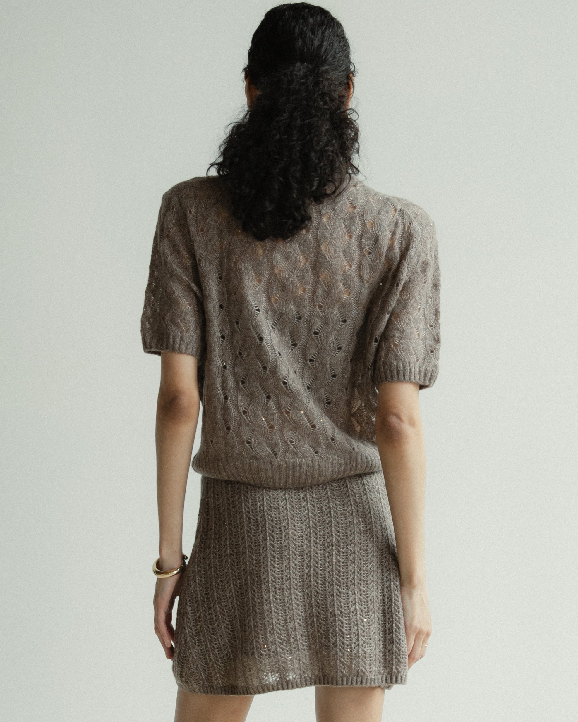 Cashmere Lace Knit Short Sleeves in Mocha, Mysto Cashmere
