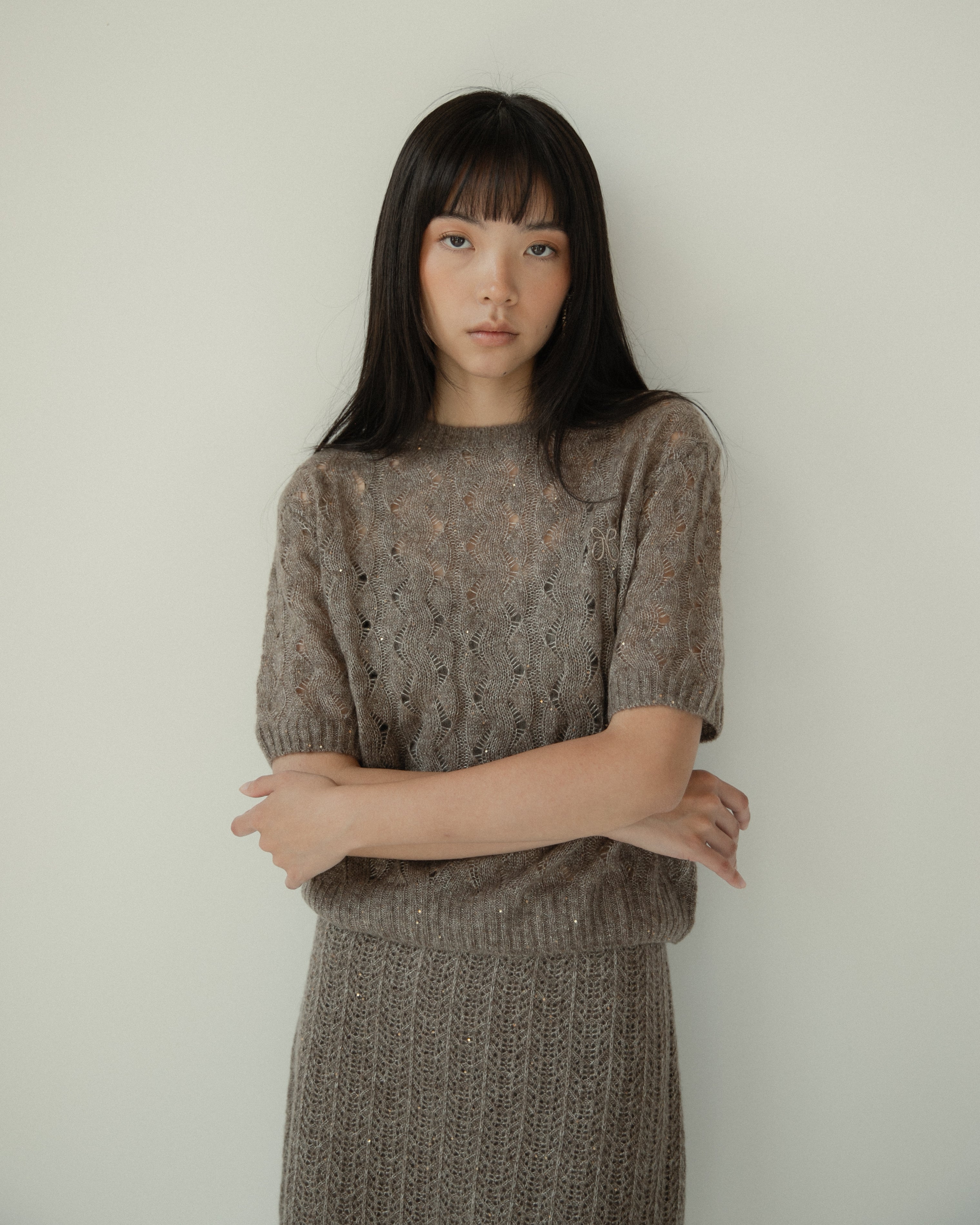 Cashmere Lace Knit Short Sleeves in Mocha, Mysto Cashmere