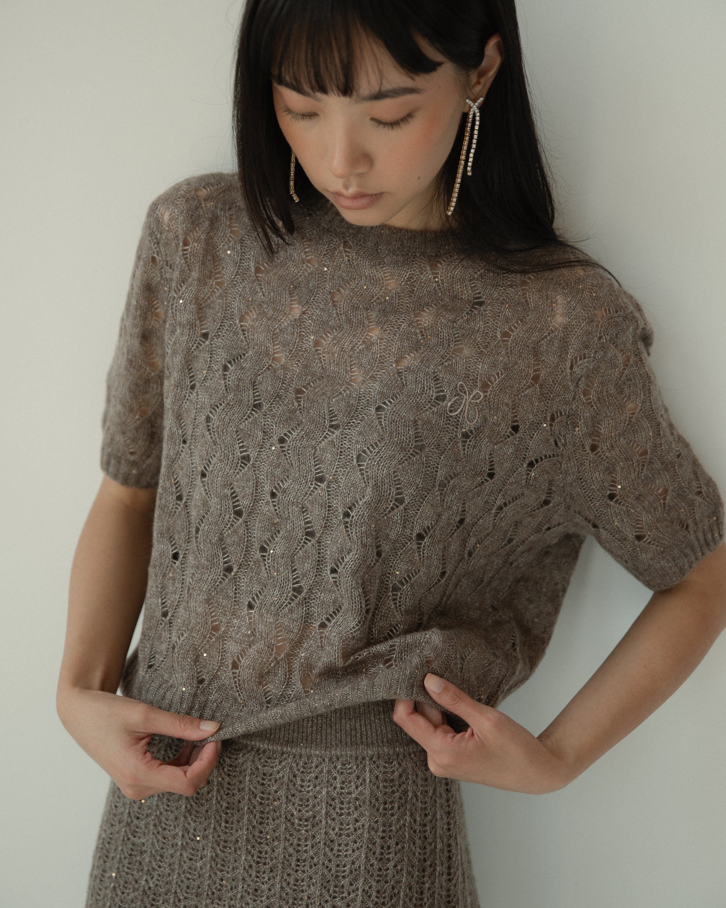 Cashmere Lace Knit Short Sleeves in Mocha, Mysto Cashmere