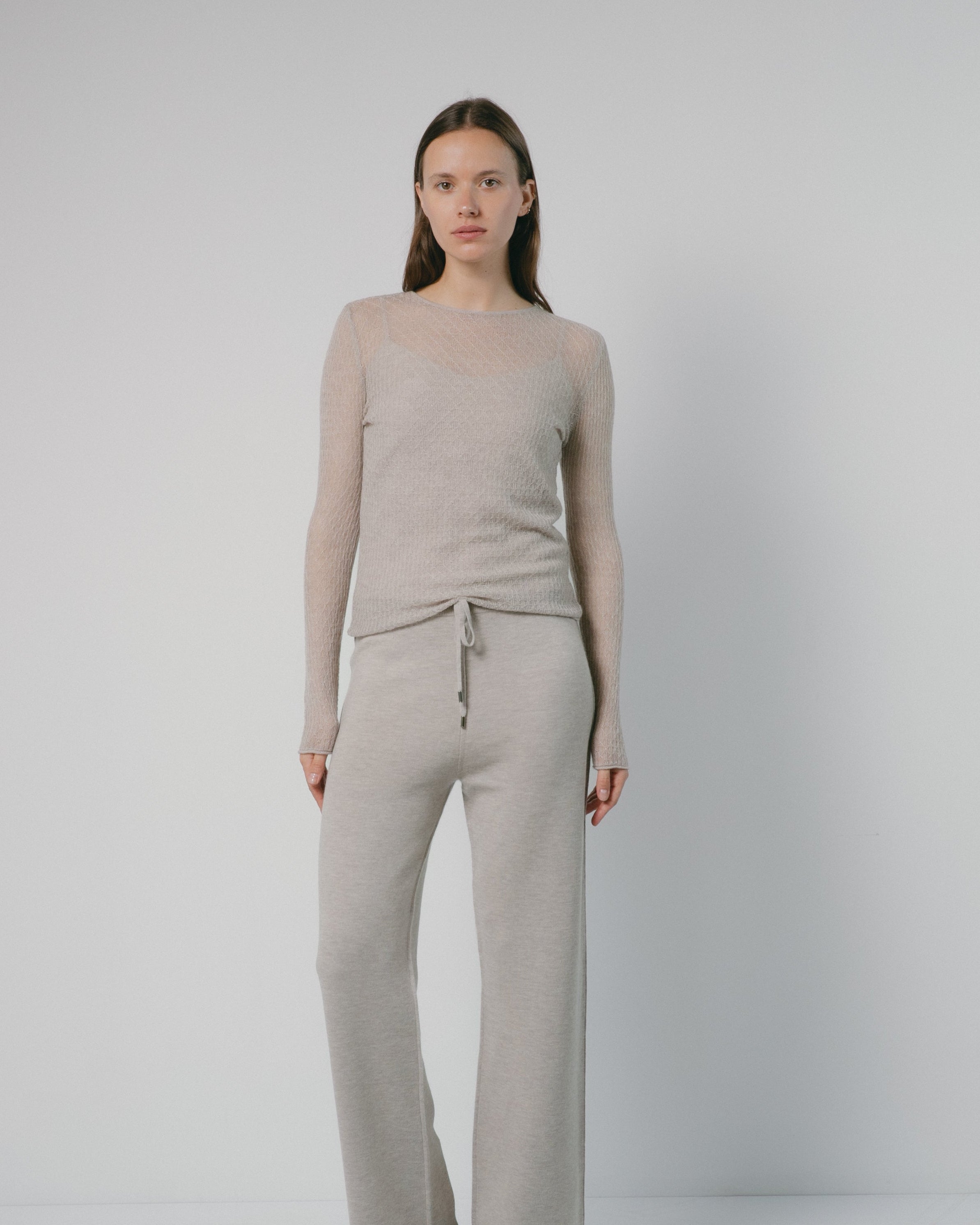 Cashmere Lace Knit Sheer Top in Latte, Mysto Cashmere