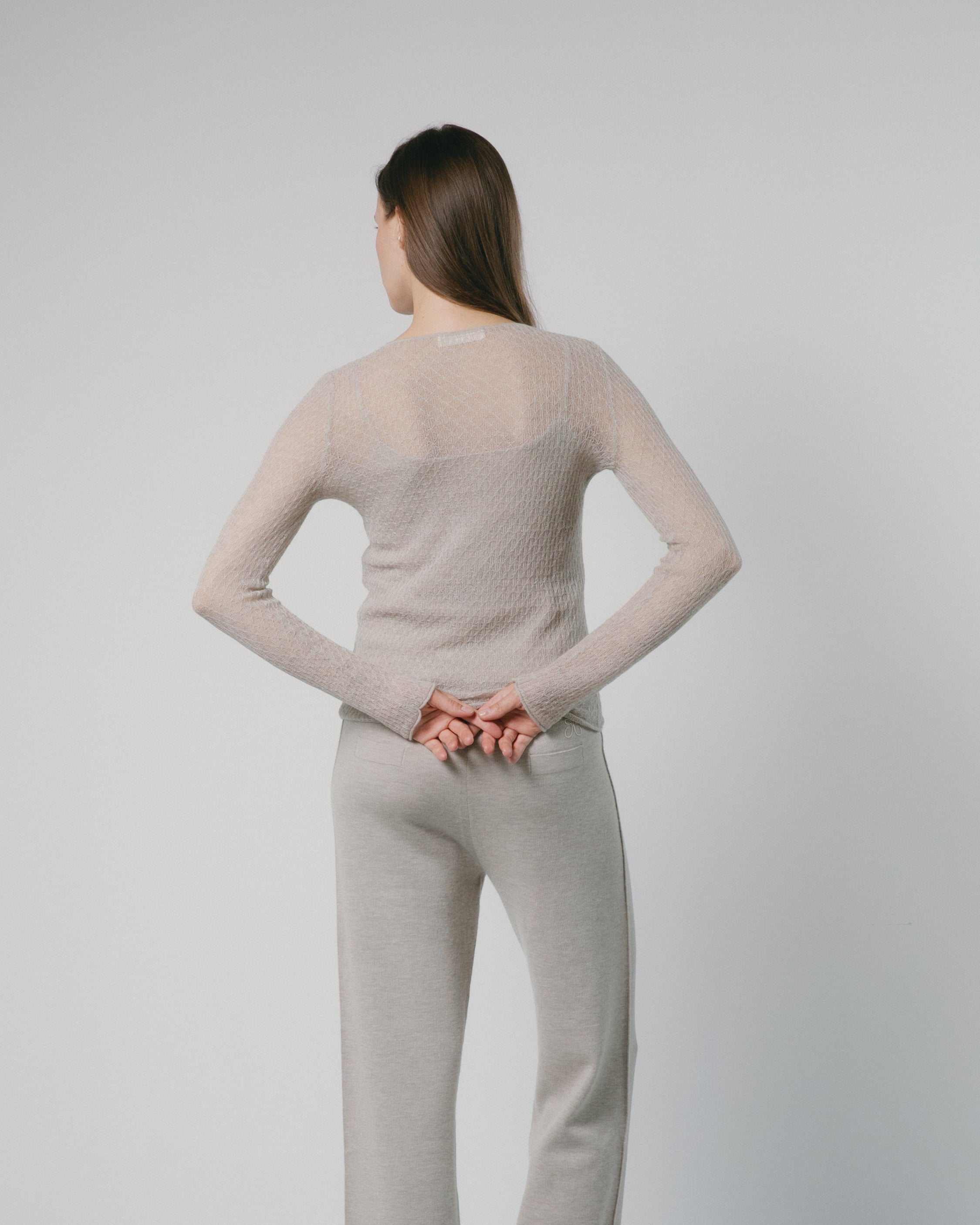 Cashmere Lace Knit Sheer Top in Latte, Mysto Cashmere