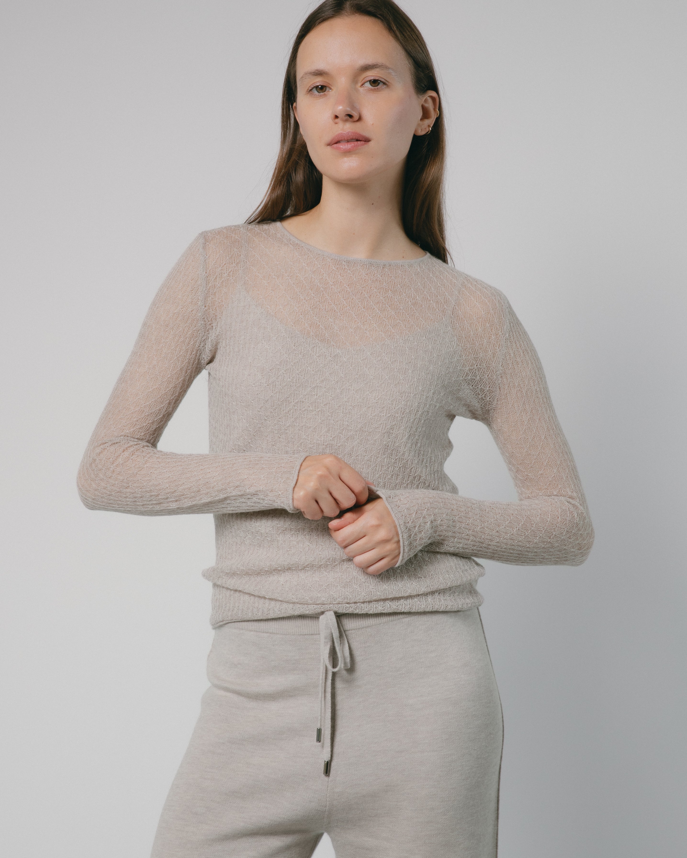 Cashmere Lace Knit Sheer Top in Latte, Mysto Cashmere