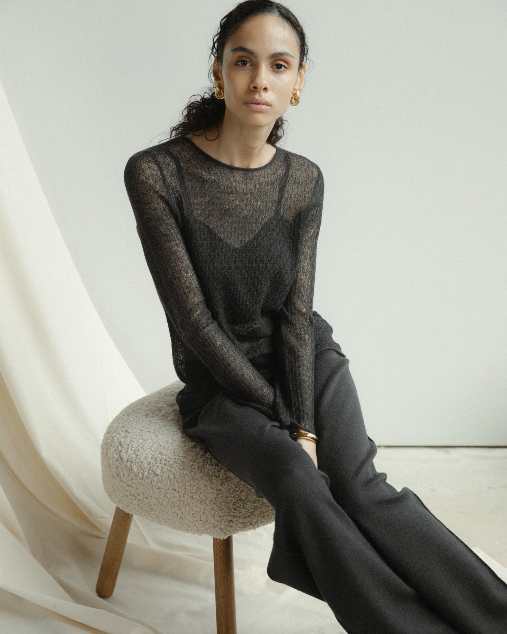 Cashmere Lace Knit Sheer Top in Americano, Mysto Cashmere