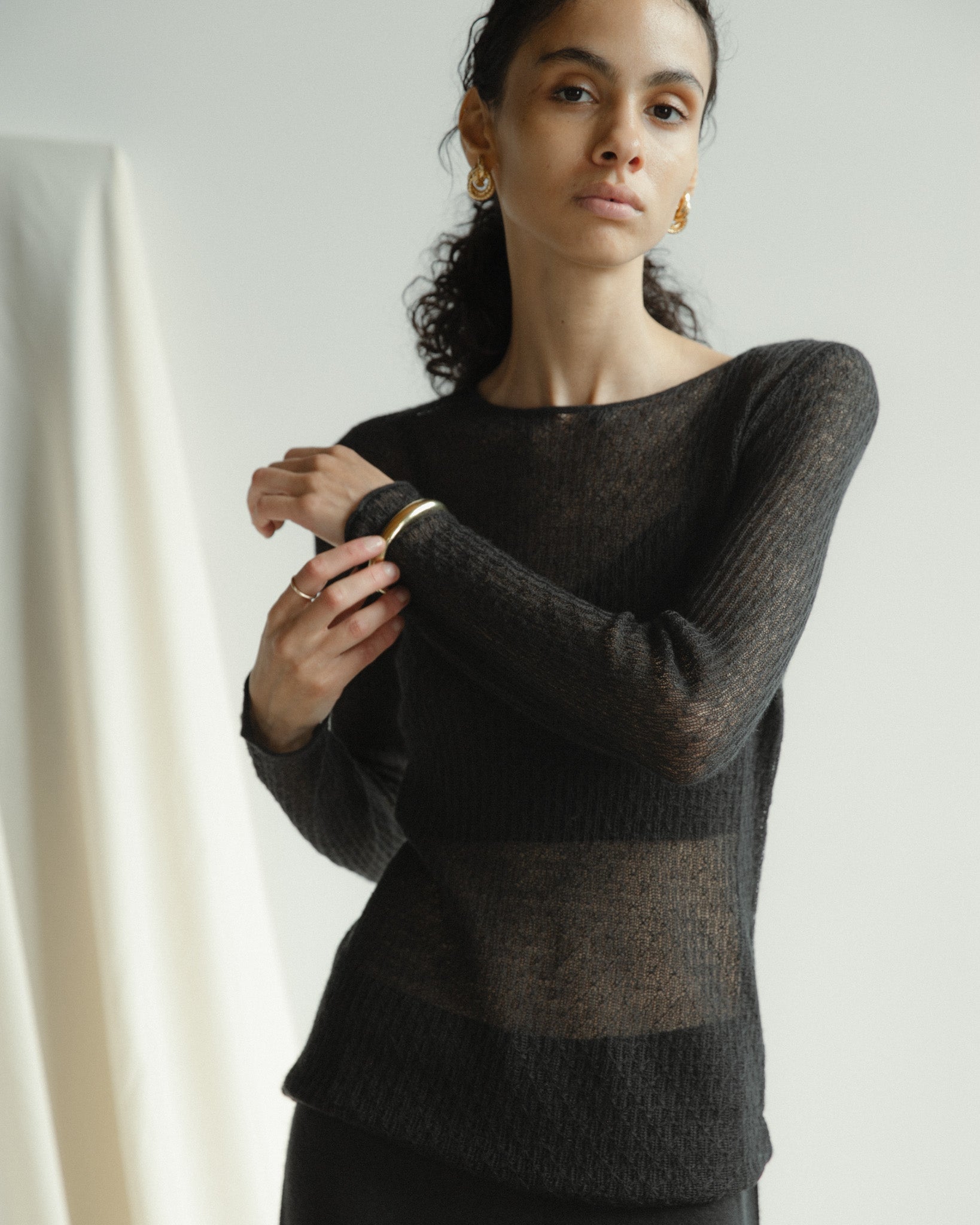 Cashmere Lace Knit Sheer Top in Americano, Mysto Cashmere