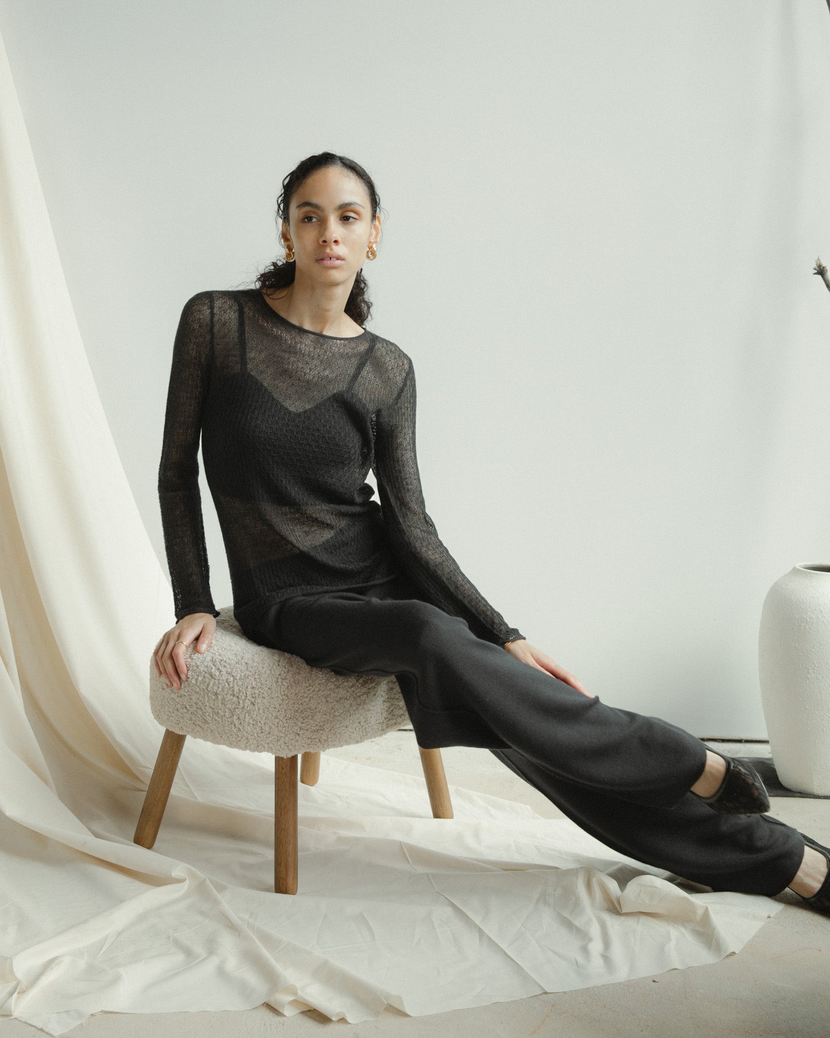 Cashmere Lace Knit Sheer Top in Americano, Mysto Cashmere