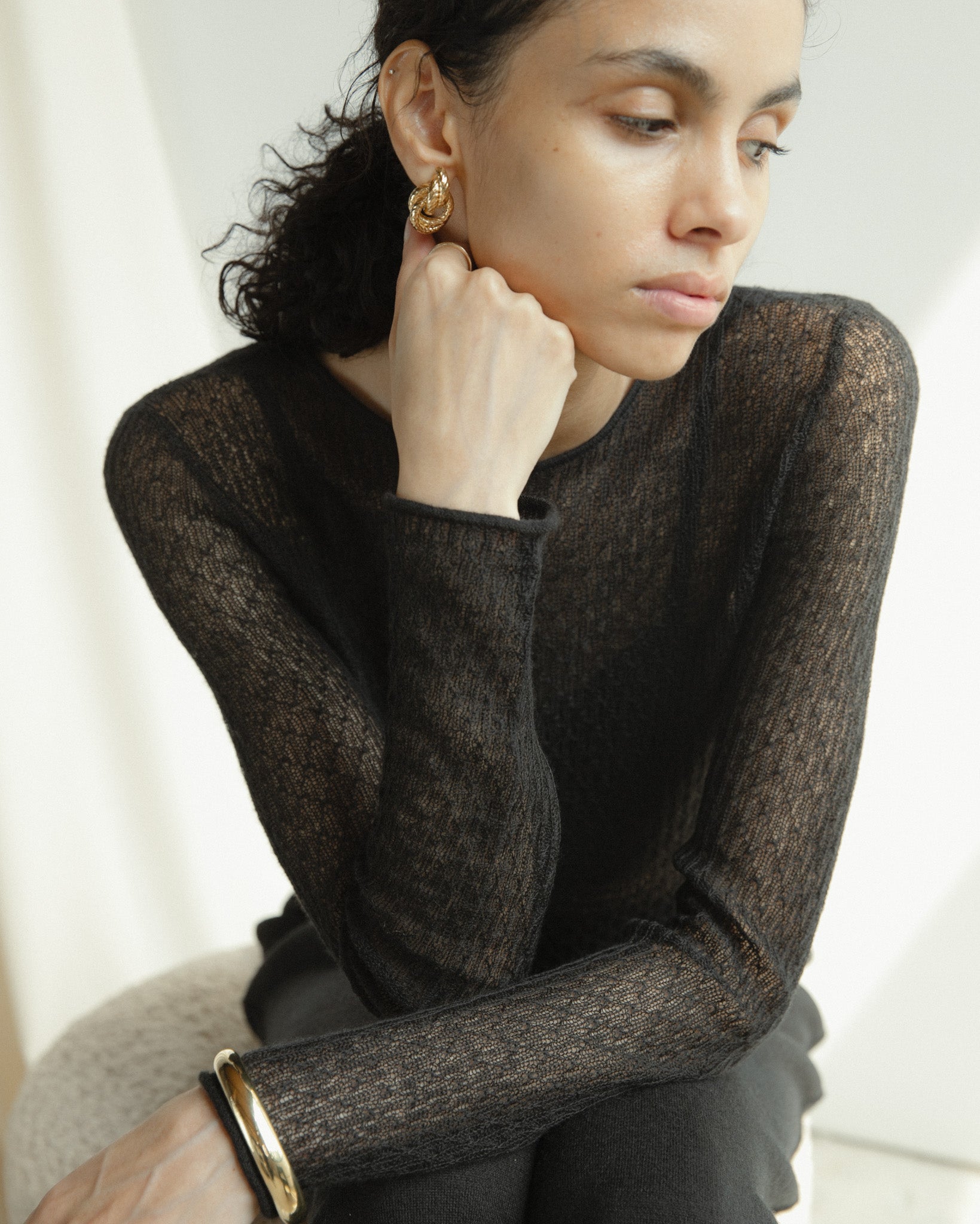 Cashmere Lace Knit Sheer Top in Americano, Mysto Cashmere