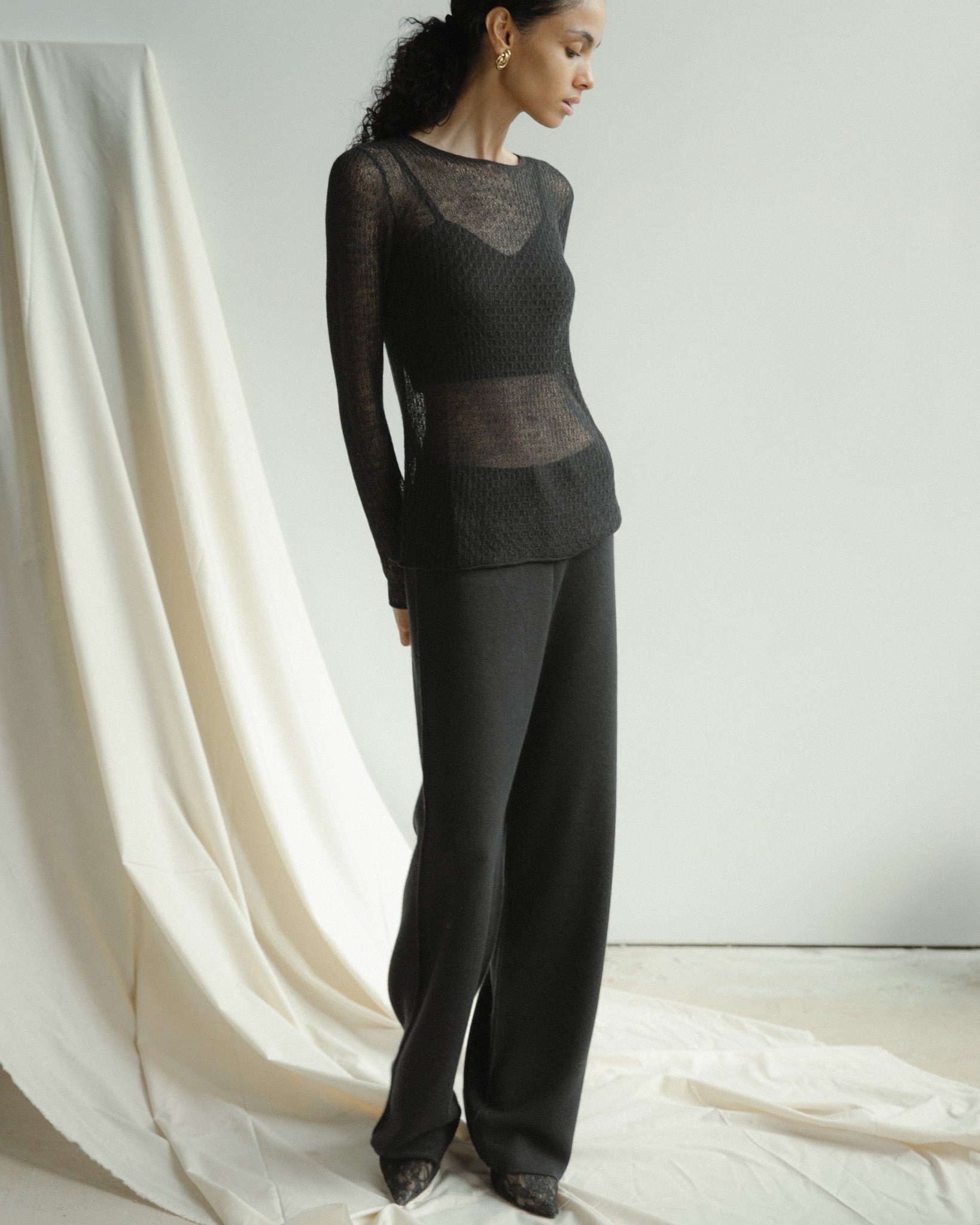 Cashmere Lace Knit Sheer Top in Americano, Mysto Cashmere