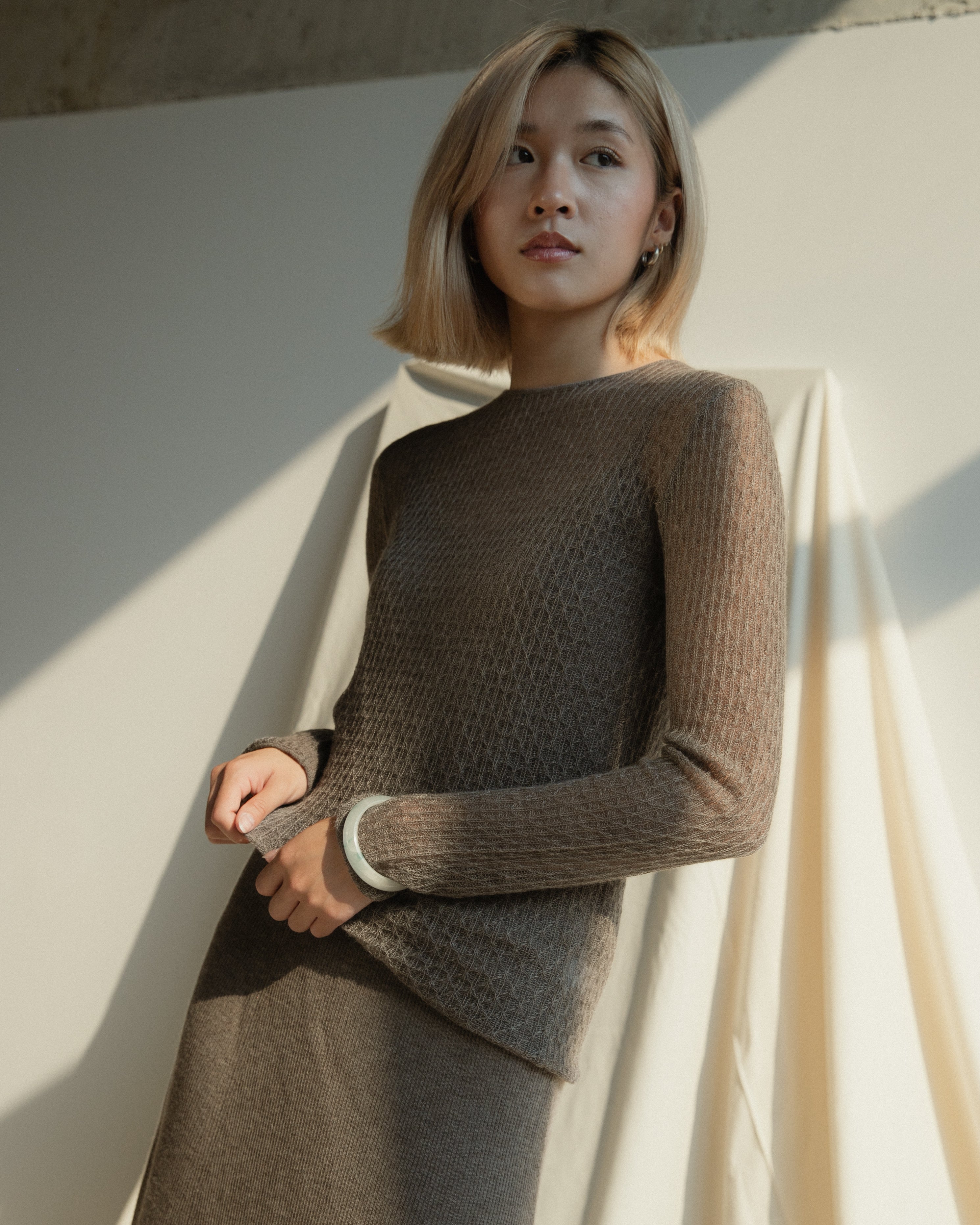 Cashmere Lace Knit Sheer Top in Espresso, Mysto Cashmere