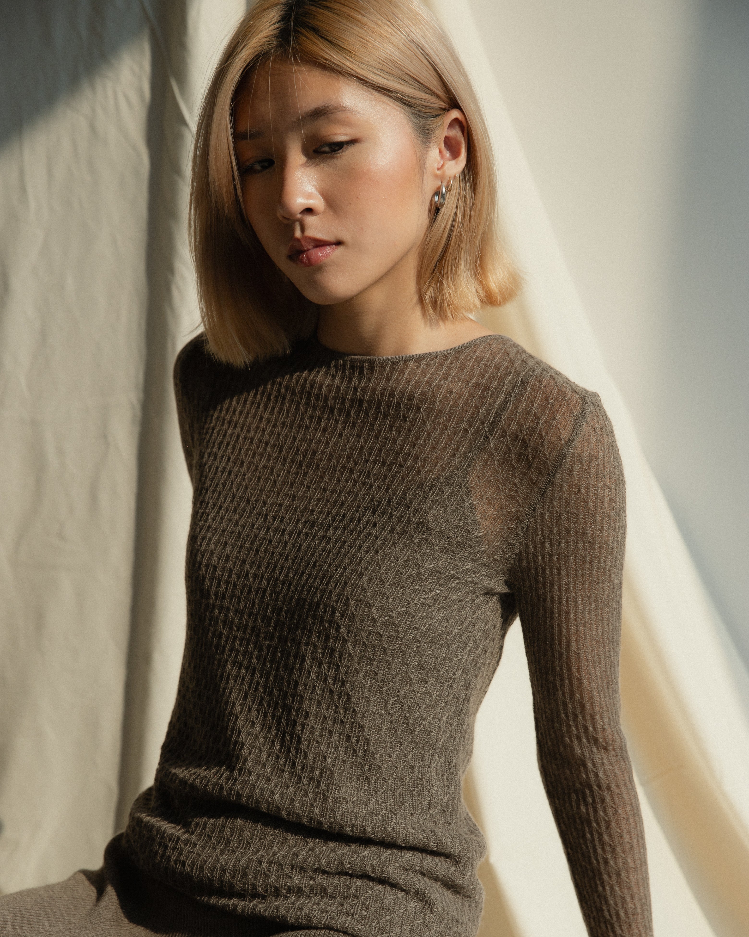 Cashmere Lace Knit Sheer Top in Espresso, Mysto Cashmere