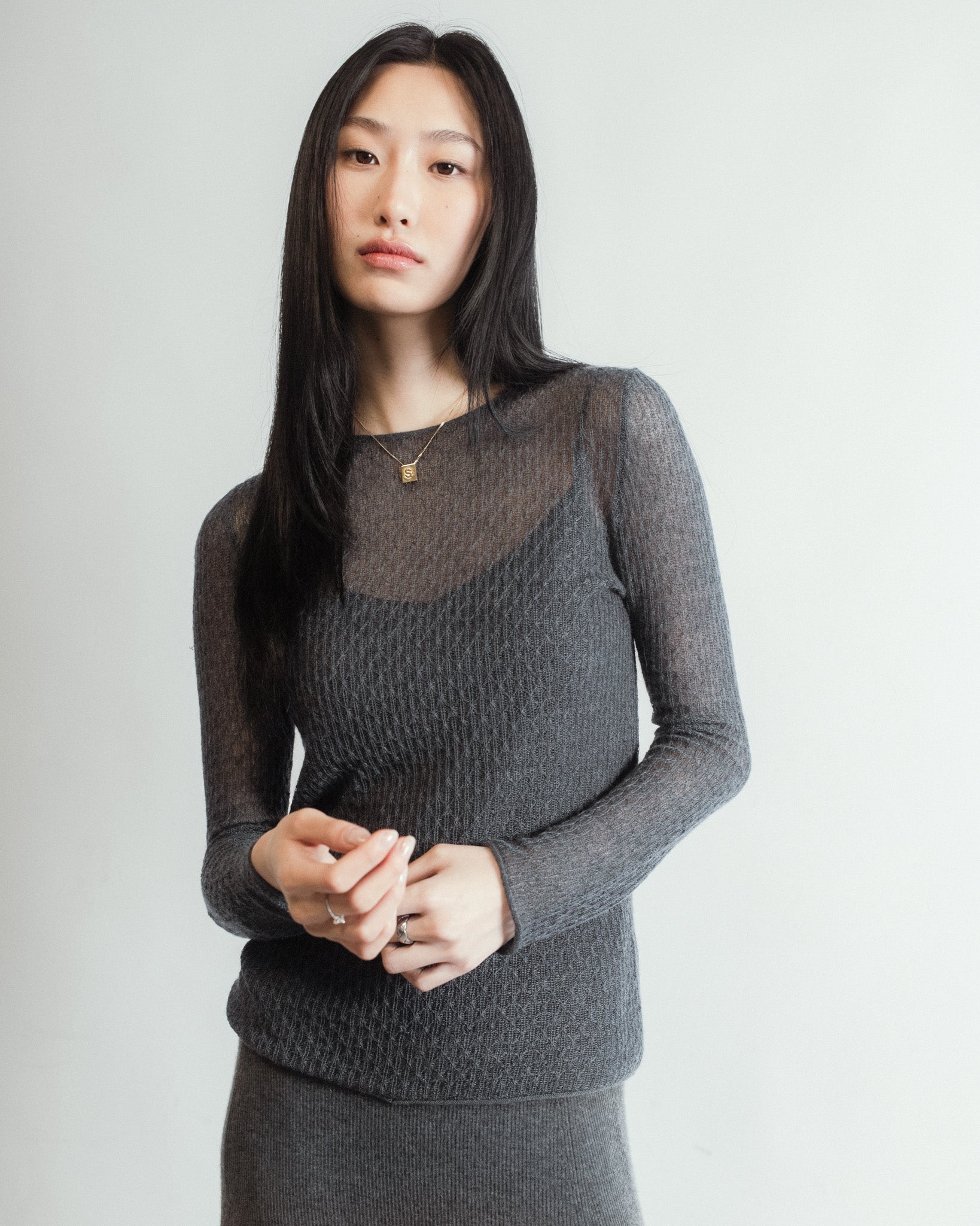 Cashmere Lace Knit Sheer Top in London Fog, Mysto Cashmere