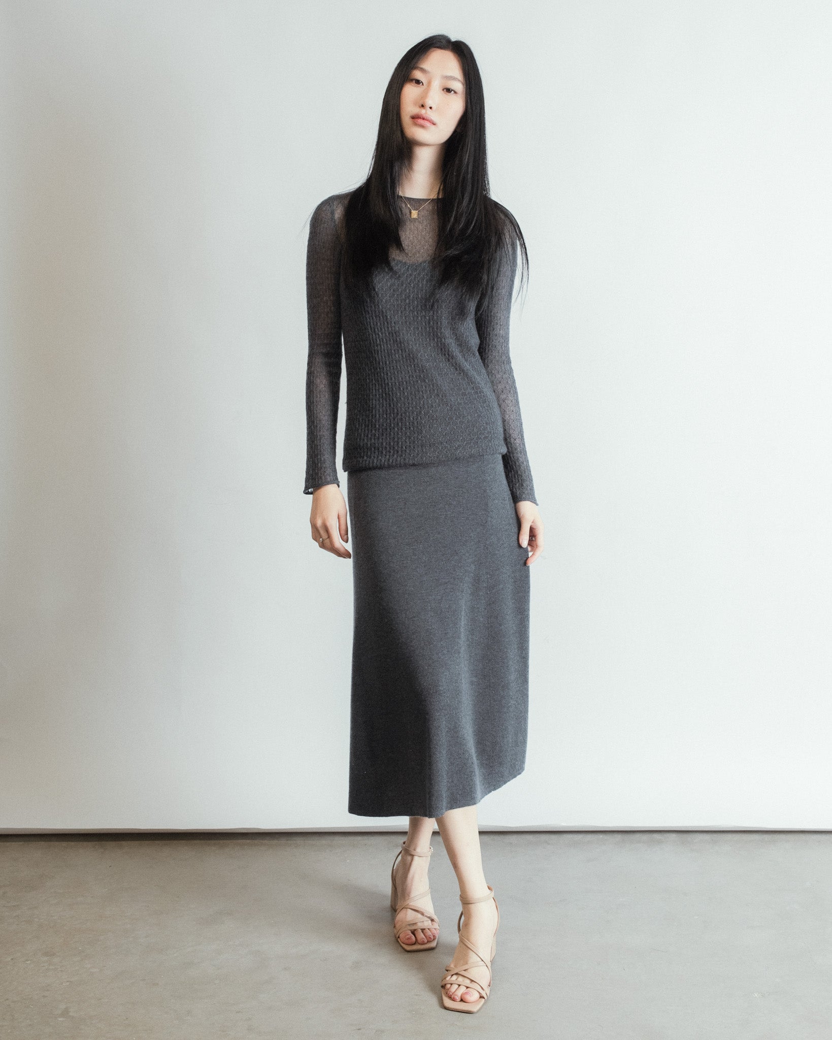 Cashmere Lace Knit Sheer Top in London Fog, Mysto Cashmere