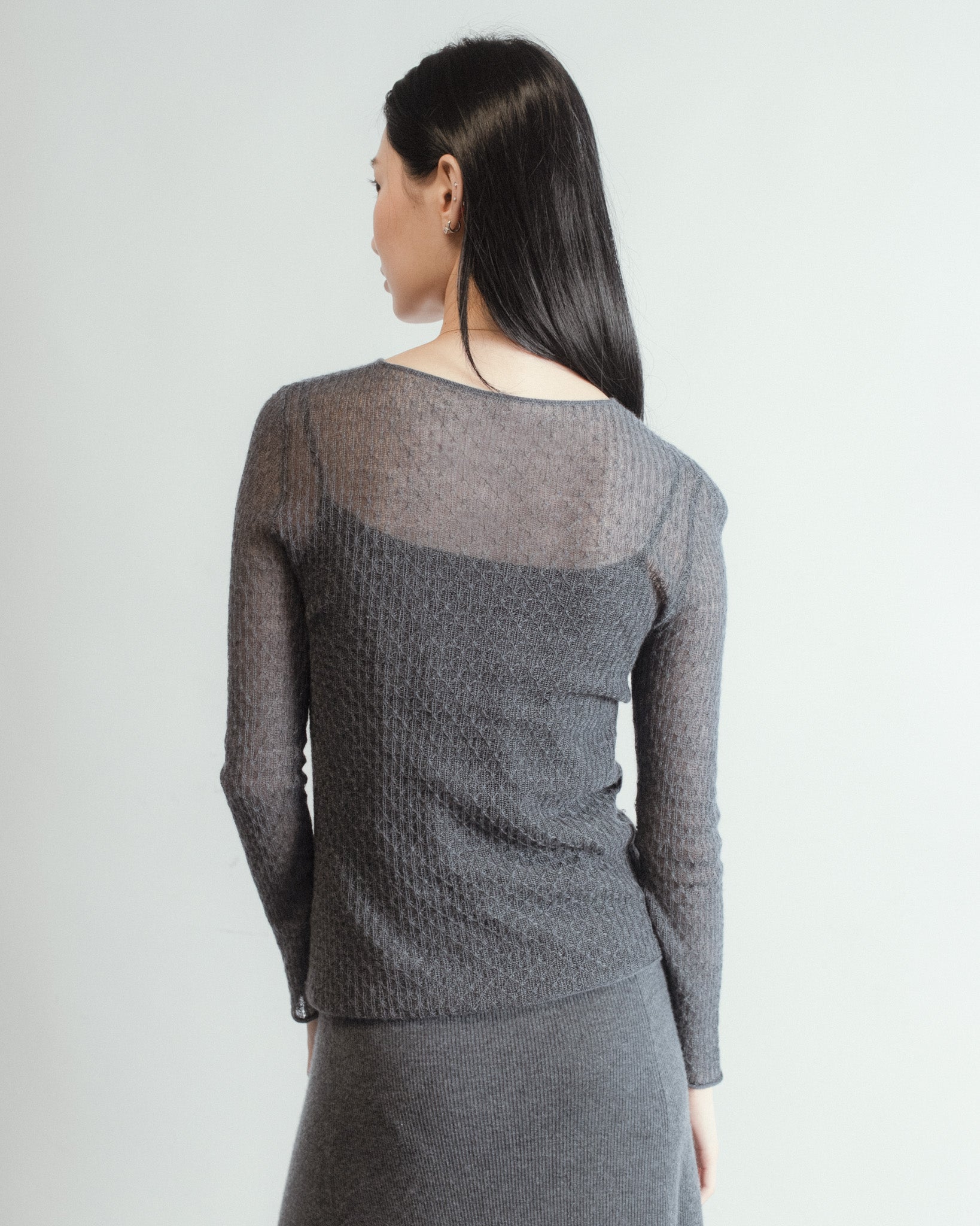 Cashmere Lace Knit Sheer Top in London Fog, Mysto Cashmere