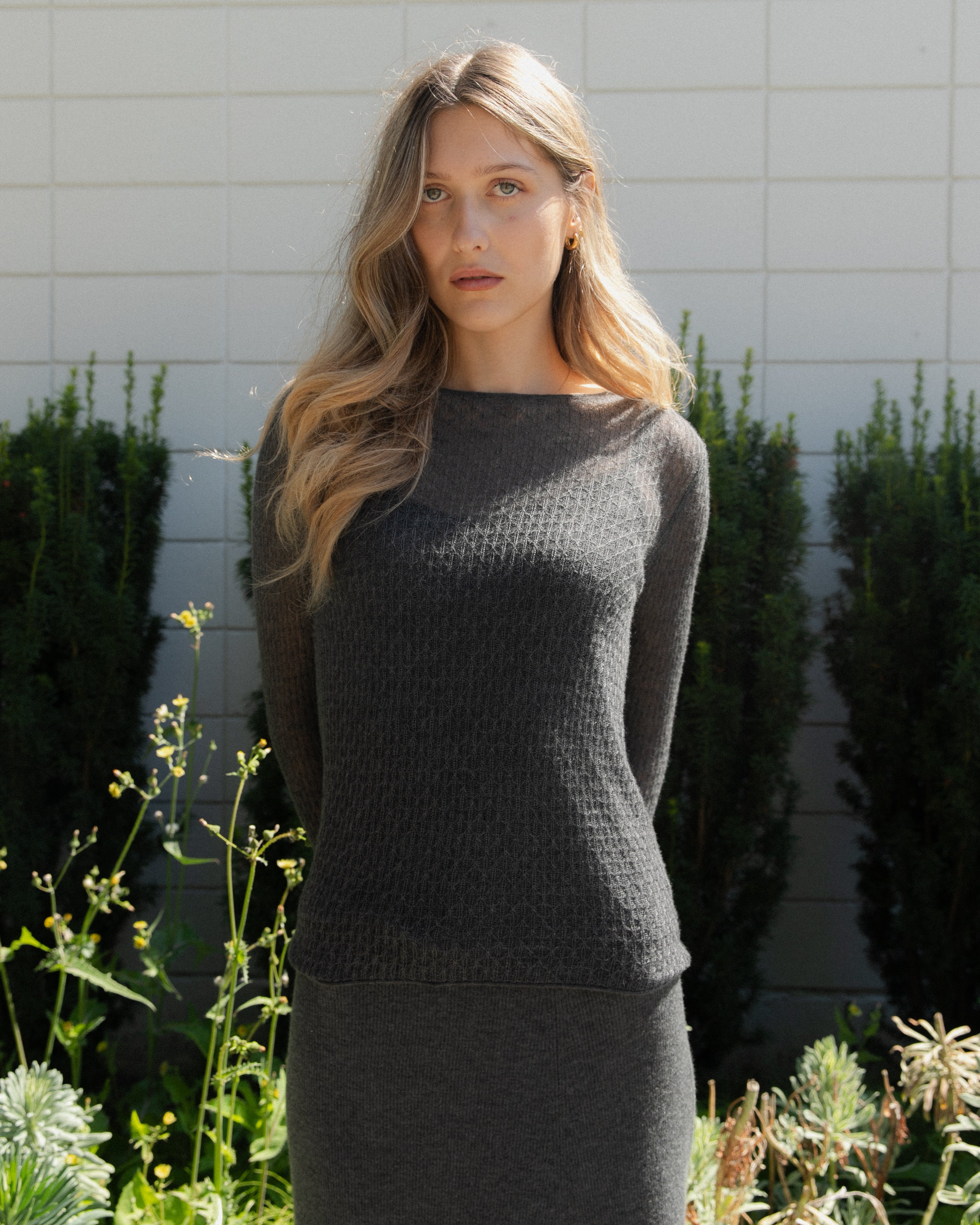 Cashmere Lace Knit Sheer Top in London Fog, Mysto Cashmere