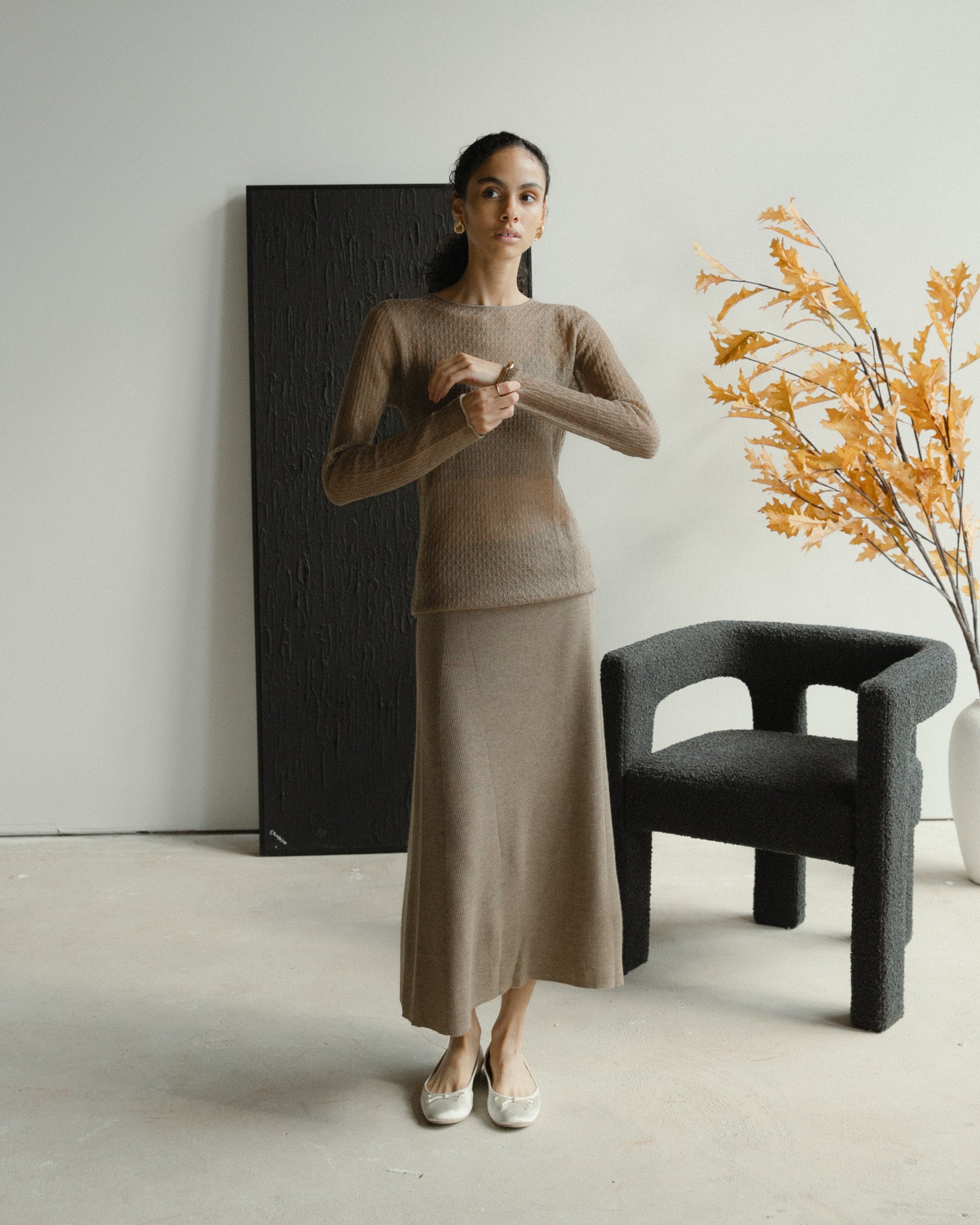 Cashmere Lace Knit Sheer Top in Mocha, Mysto Cashmere