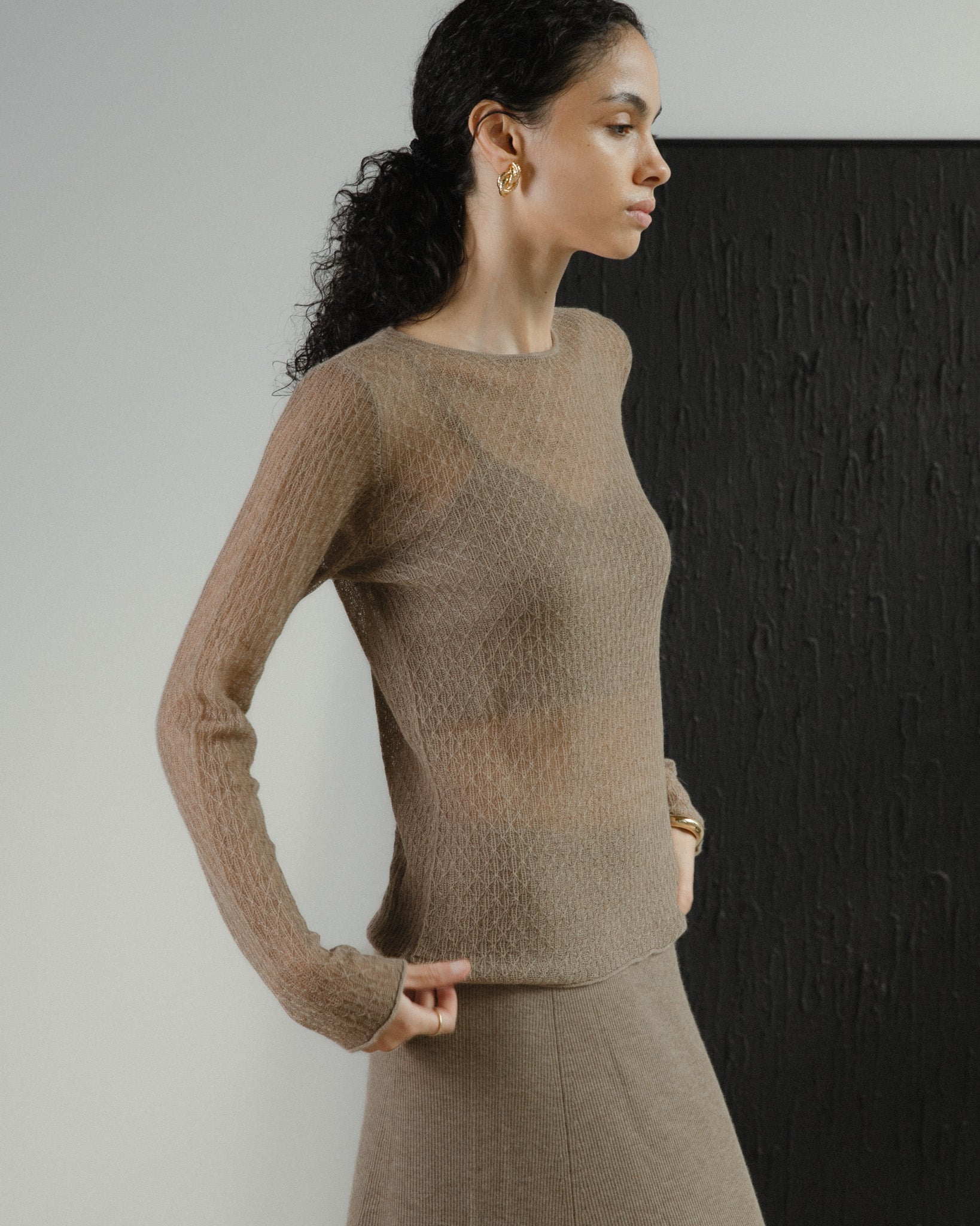Cashmere Lace Knit Sheer Top in Mocha, Mysto Cashmere