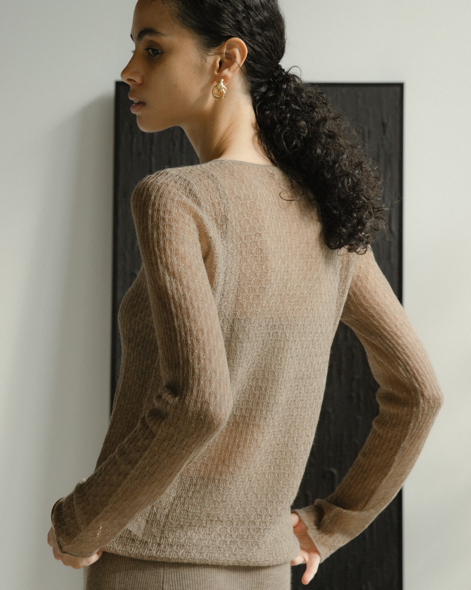 Cashmere Lace Knit Sheer Top in Mocha, Mysto Cashmere
