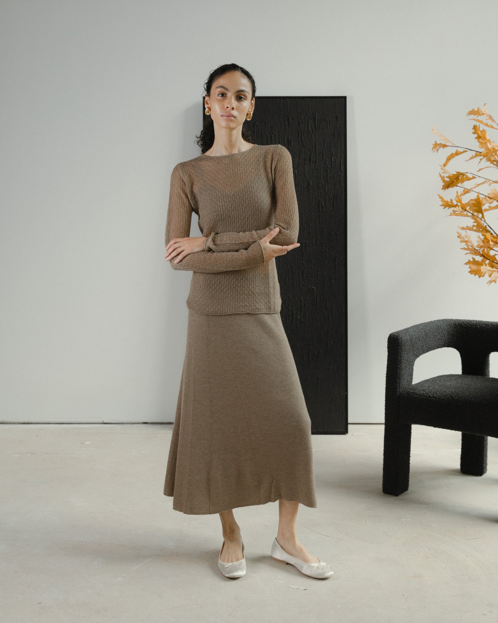 Cashmere Lace Knit Sheer Top in Mocha, Mysto Cashmere