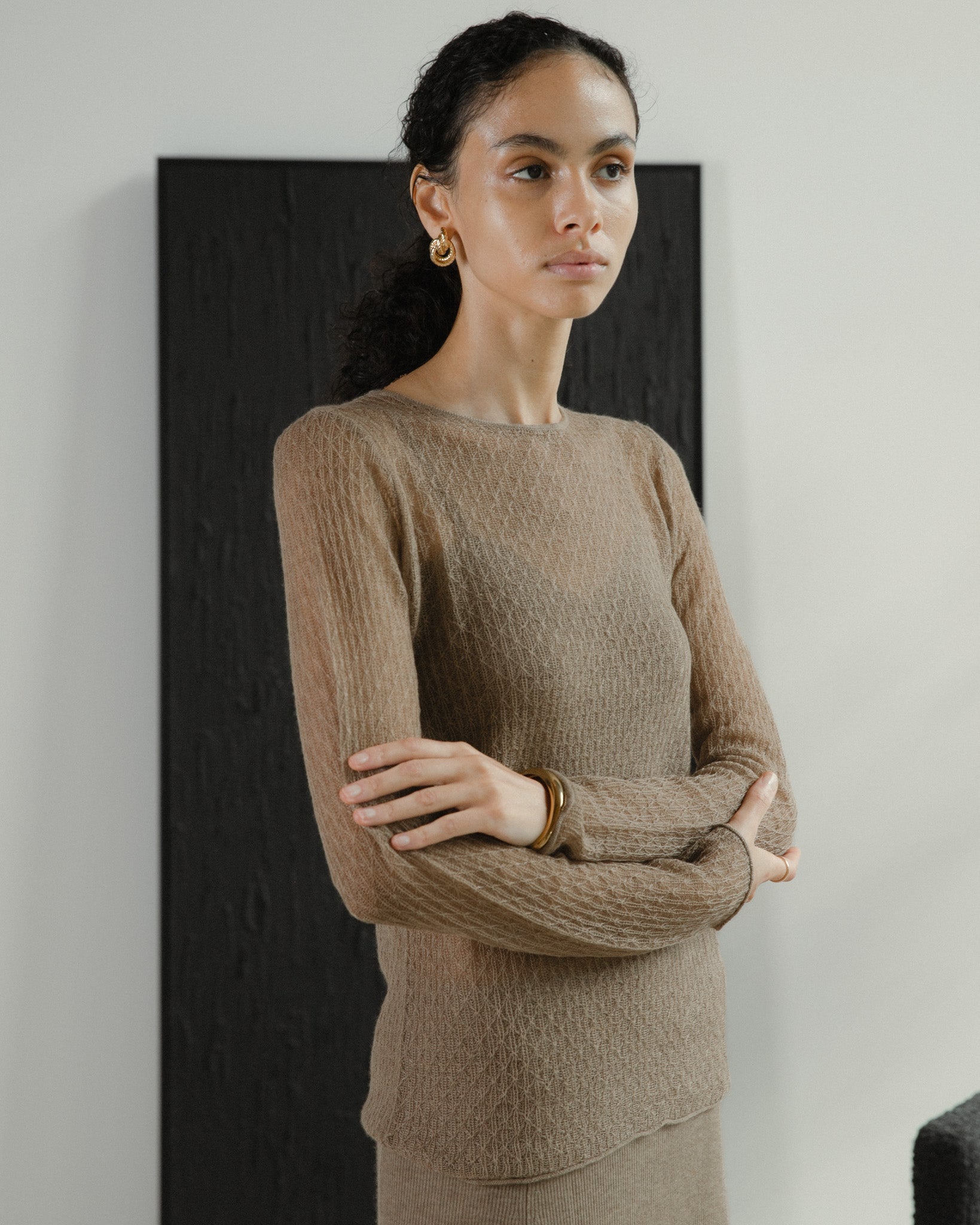 Cashmere Lace Knit Sheer Top in Mocha, Mysto Cashmere