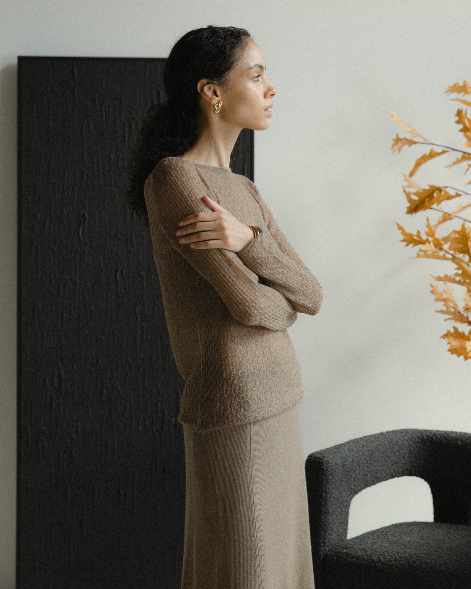 Cashmere Lace Knit Sheer Top in Mocha, Mysto Cashmere